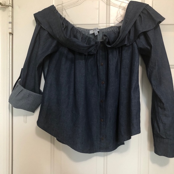 Active USA Denim Off Then Shoulder Ruffle Crop - Picture 4 of 12